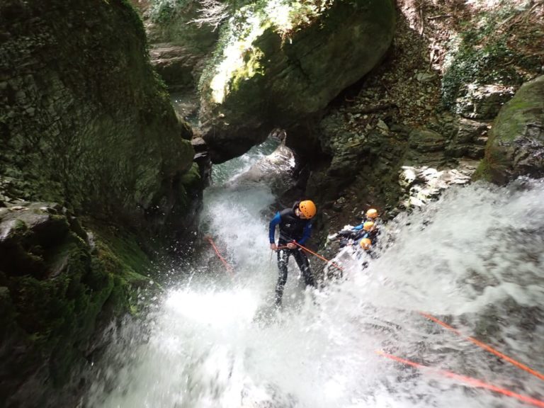 First rappel in Lower Furon, canyoning initiation in Vercors
